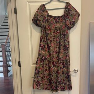 Crosby Olive Floral Puff-Sleeve Midi Dress